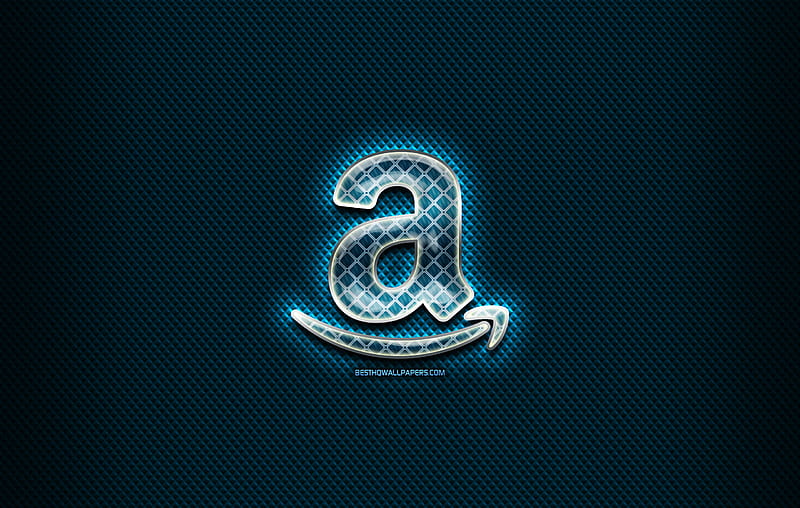 Amazon glass logo, blue background, artwork, Amazon, brands, Amazon rhombic logo, creative, Amazon logo, HD wallpaper
