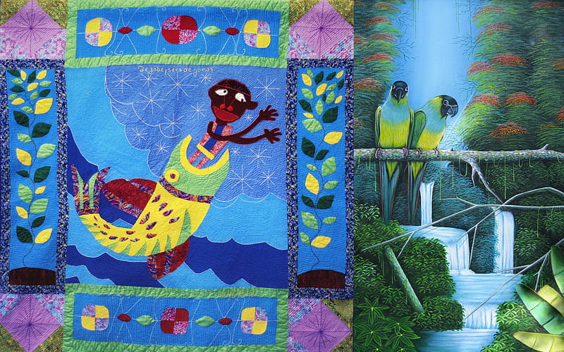 Haitian art, art, haiti, painting, birds, parrots, HD wallpaper