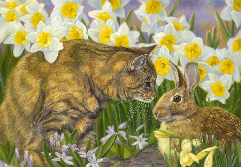 Spring Friends, art, rabbit, brown, yellow, easter, spring, cat, green, garden, daffodil, painting, flower, bunny, pisici, pictura, lucie bilodeau, HD wallpaper