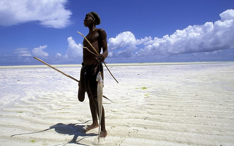 fisherman at low tide, sand, fish, spear, fisherman, HD wallpaper
