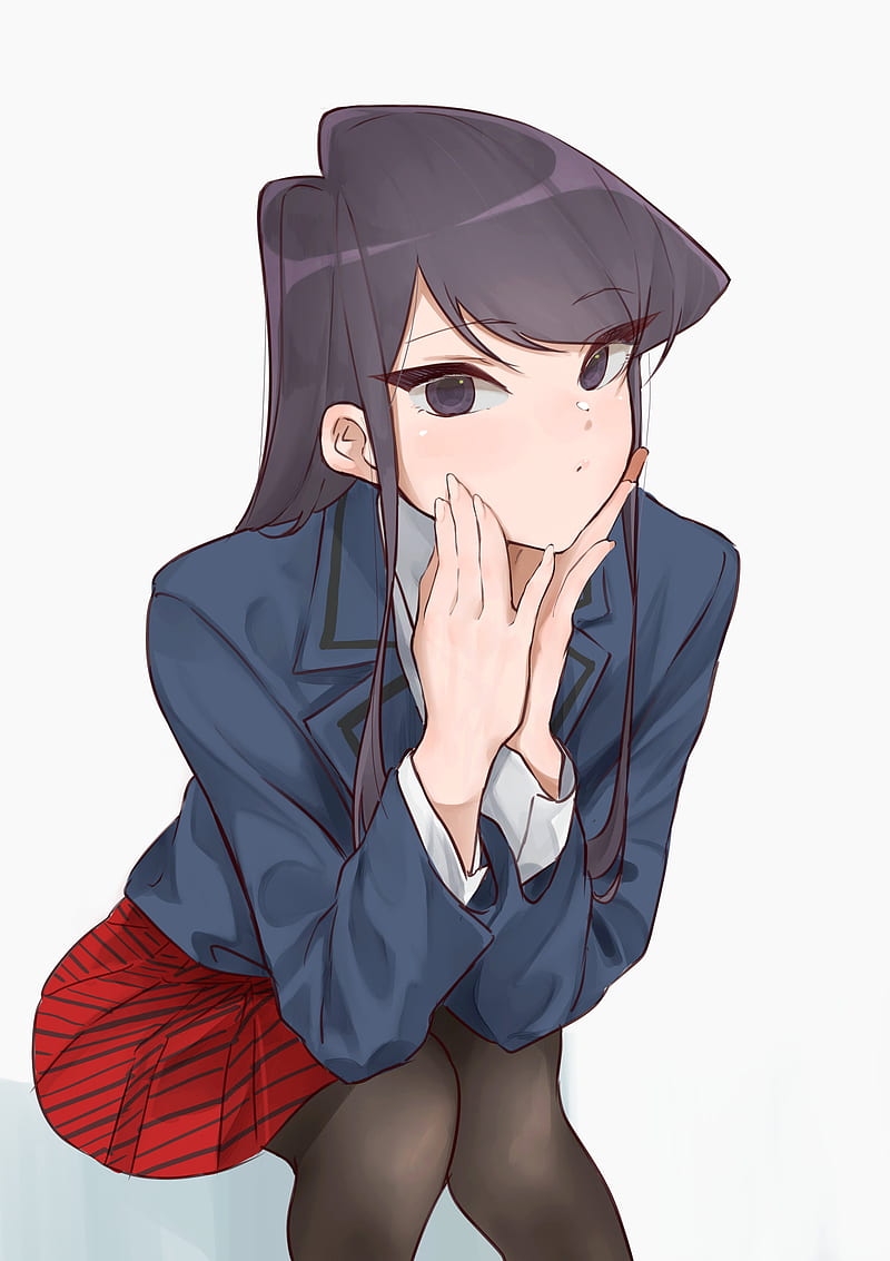 Komi-san wa, Comyushou desu., anime girls, JK, school uniform, pantyhose, long hair, thighs, Komi Shouko, vertical, blushing, 2D, simple background, looking at viewer, black eyes, fan art, anime, HD phone wallpaper