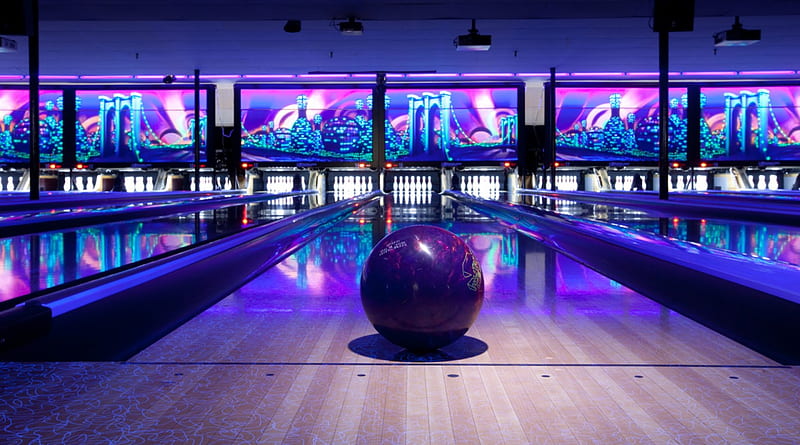 Bowling, lanes, ball, purple, black lights, HD wallpaper