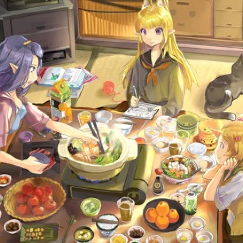 Hot Wok, pretty, house, kitsune, cg, hungry, home, glasses, sweet, fruit, nice, yummy, vege, anime, meat, anime girl, bowl, table, delicious, female, lovely, food, living room, soup, happy, rice, girl, HD wallpaper