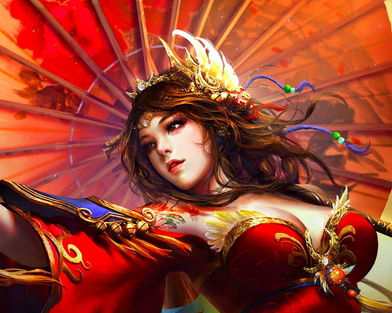 Beauty Red Frumusete Luminos Orange Umbrella Game Fantasy Asian Parasol Hd Wallpaper 1097