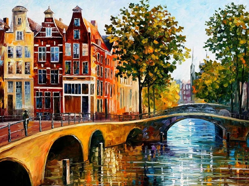 The Gateway to Amsterdam, architecture, house, paintings, water, bridge, trees, HD wallpaper