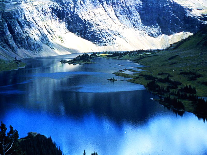 Glacier hidden lake, cove bay, shore, snow, crystal lake, mountains, blue, HD wallpaper