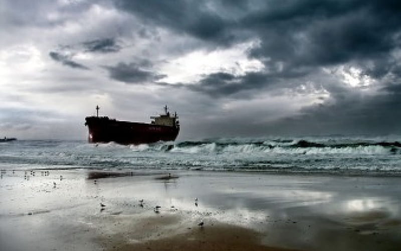 tanker ship aground on a beach, beach, ship, tanker, waves, clouds, sea, HD wallpaper