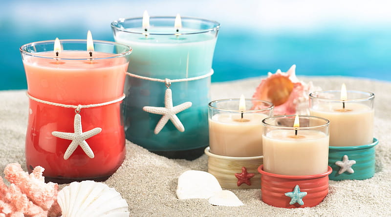 Candles, pretty, bonito, sea, still life, graphy, nice, sand, beauty, harmony candle, lovely, colors, starfish, cool, shells, HD wallpaper