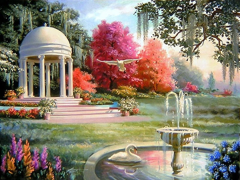 Swan Pavilion, lovely, fountains, colors, love four seasons, bonito, spring, attractions in dreams, trees, swans, paintings, pavilion, flowers, garden, nature, gazebo, HD wallpaper