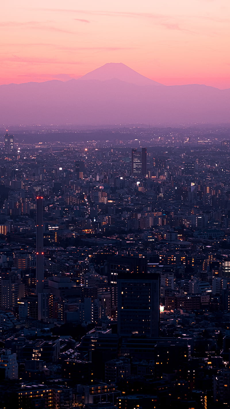 night city, lights, mountains, sunset, pink, HD phone wallpaper