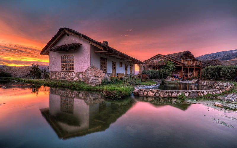 Lovely Place, rocks, architecture, pretty, shore, house, grass, sunset, cabin, clouds, mirrored, countryside, sundown, nice, splendor, bright, village, flowers, beauty, sunrise, chair, reflection, hills, lovely, houses, sky, country, trees, pool, water, serenity, purple, colorful, cottage, home, bonito, green, chairs, river, amazing, view, clear, colors, lake, peaceful, summer, nature, HD wallpaper