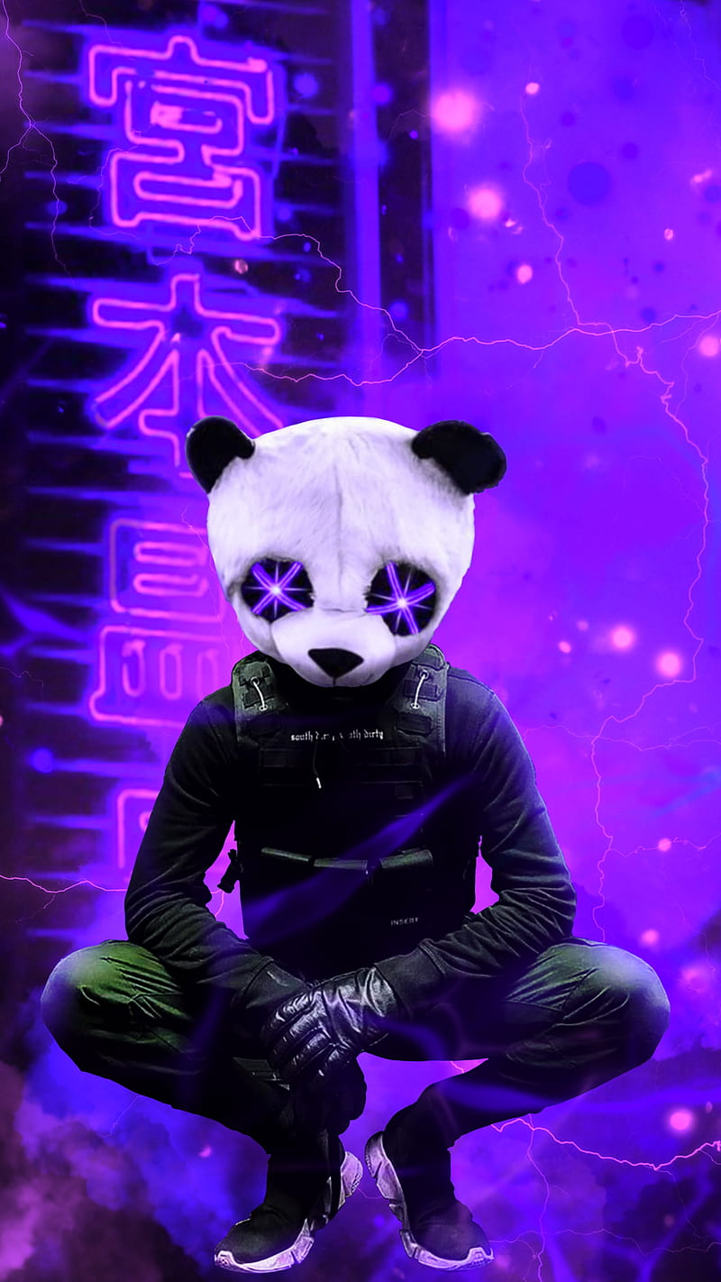 panda mask 3, anonymous, dark, eyes, face, guy lightning, man, neon, pose, purple, soldier, HD phone wallpaper