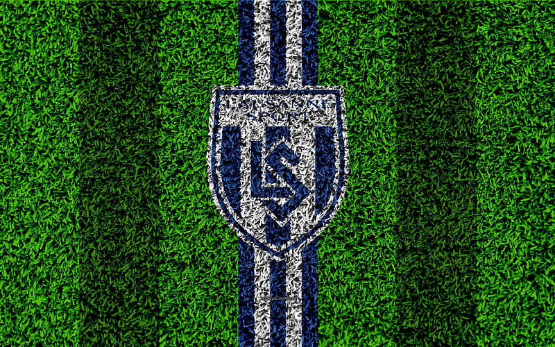 FC Lausanne-Sport logo, football lawn, swiss football club, white blue lines, Swiss Super League, Lausanne, Switzerland, football, grass texture, HD wallpaper