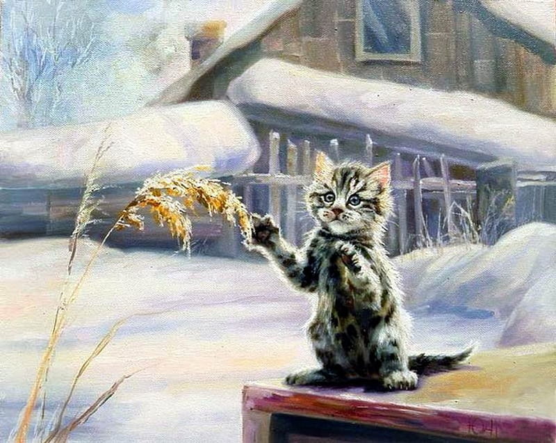 My Home is My Castle !, house, snow, kitty, painting, artwork, winter, HD wallpaper