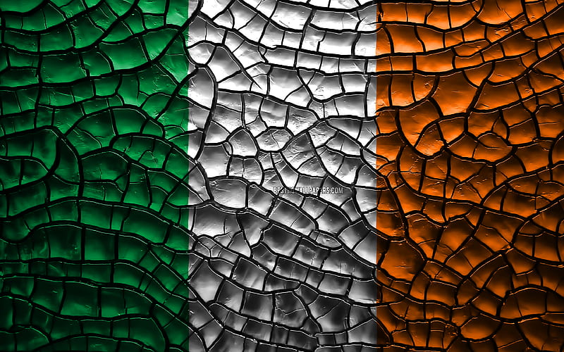 Flag of Ireland cracked soil, Europe, Irish flag, 3D art, Ireland, European countries, national symbols, Ireland 3D flag, HD wallpaper