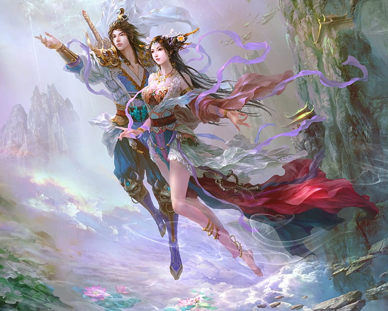 Immortal, lotus, scenic, float, celestial, magic, mountain, fantasy, blade, anime, love, pavilion, temple, hot, anime girl, weapon, sword, couple, ribbon, water lily, sexy, cute, boy, fly, girl, oriental, flower, lover, chinese, scene, landscape, maiden, HD wallpaper