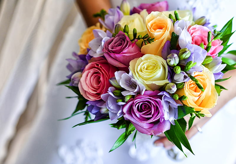 Bouquet of flowers, sia, colorful, bouquet, rose, flower, bride, HD wallpaper