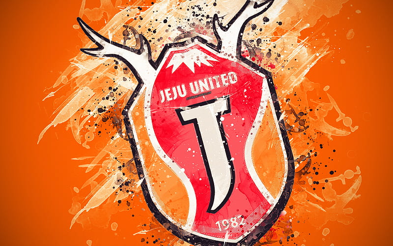 Jeju United FC paint art, logo, creative, South Korean football team, K League 1, emblem, orange background, grunge style, Jeju, South Korea, football, HD wallpaper