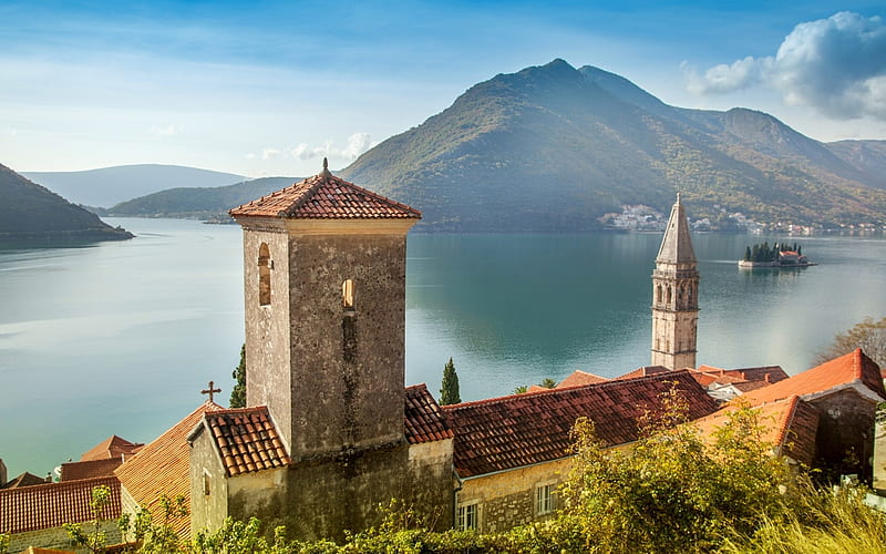 Montenegro, Tower, beach, house, mountains, sunny, bay, Perast, HD wallpaper