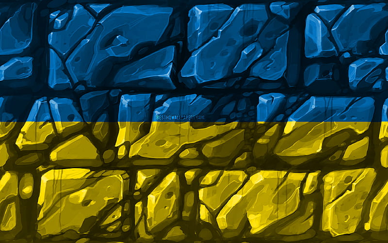 Ukrainian flag, brickwall European countries, national symbols, Flag of Ukraine, creative, Ukraine, Europe, Ukraine 3D flag, HD wallpaper