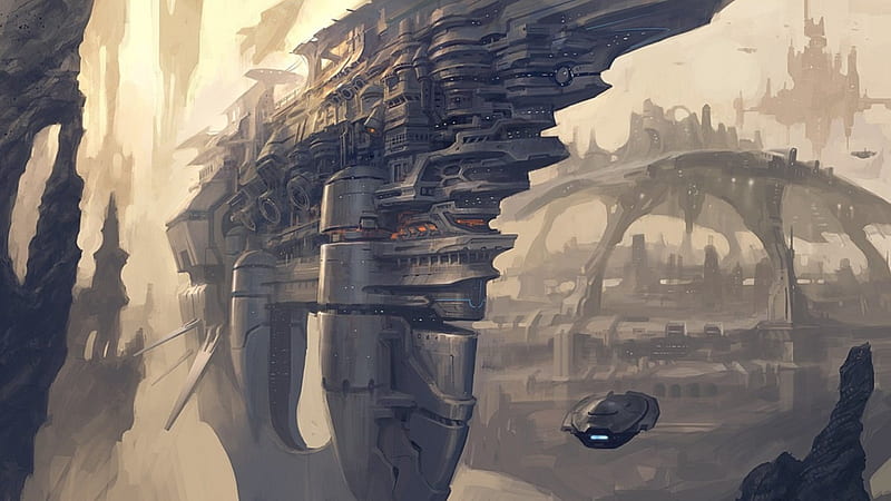 Sci Fi City, ships, vector art, 3D, illustrations, graphics, cityscapes, futuristic, HD wallpaper