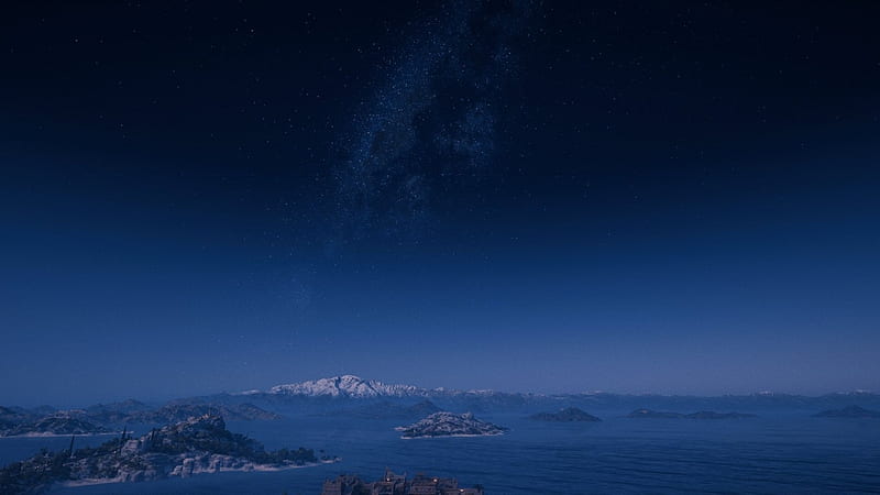 Night Sky, stars, sky, mountains, sea, HD wallpaper