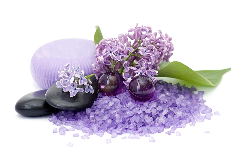 Spa, lilac, soap, bonito, aroma therapy, still life, graphy, nice, stones, harmony aromatic salts, relax, cool, purple, flower, beads, HD wallpaper