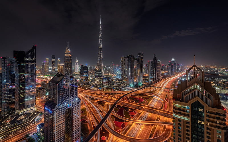 Dubai, road junction, Burj Khalifa, The Marina Torch, The Tower, UAE, night, cityscape, skyscrapers, United Arab Emirates, HD wallpaper
