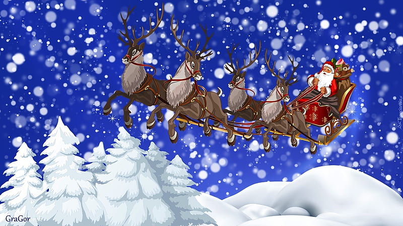 Merry Christmas, Santas, reindeers, sledge, HD wallpaper