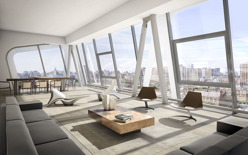 penthouse, modern design, living room, modern furniture, HD wallpaper