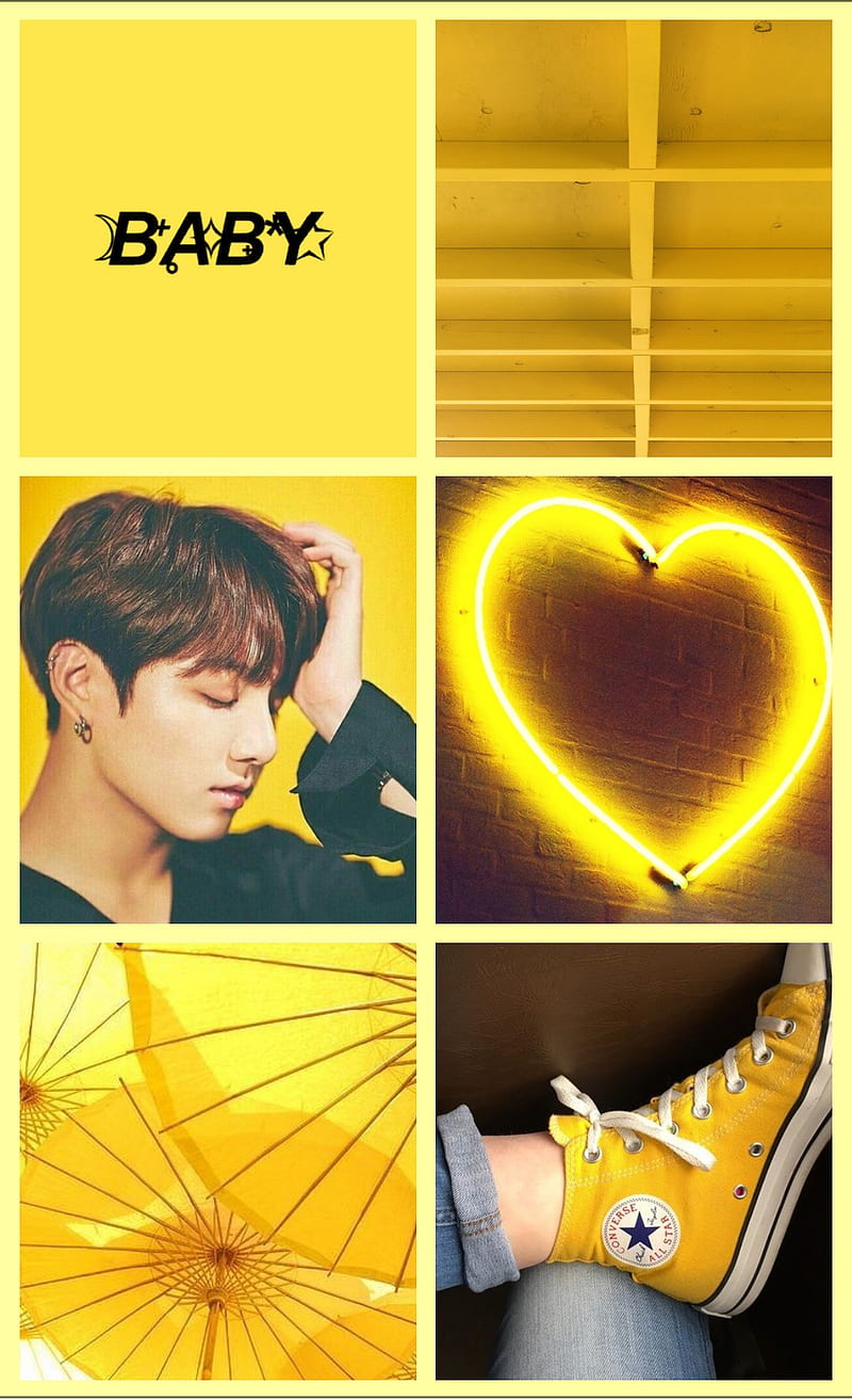 Maknae Yellow, aesthetic, bangtan, bts, collage maknae, jeon jungkook, jungkook, kookie, yelloe, HD phone wallpaper