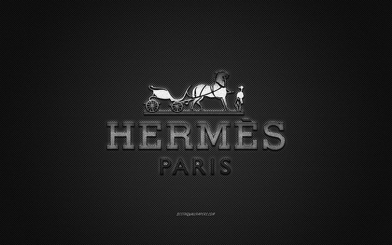 Hermes logo, metal emblem, apparel brand, black carbon texture, global apparel brands, Hermes, fashion concept, Hermes emblem, HD wallpaper