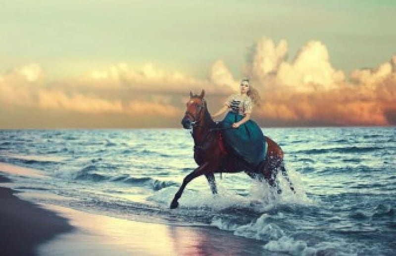 cowgirl, seascape, horseback riding, horse, princess, HD wallpaper
