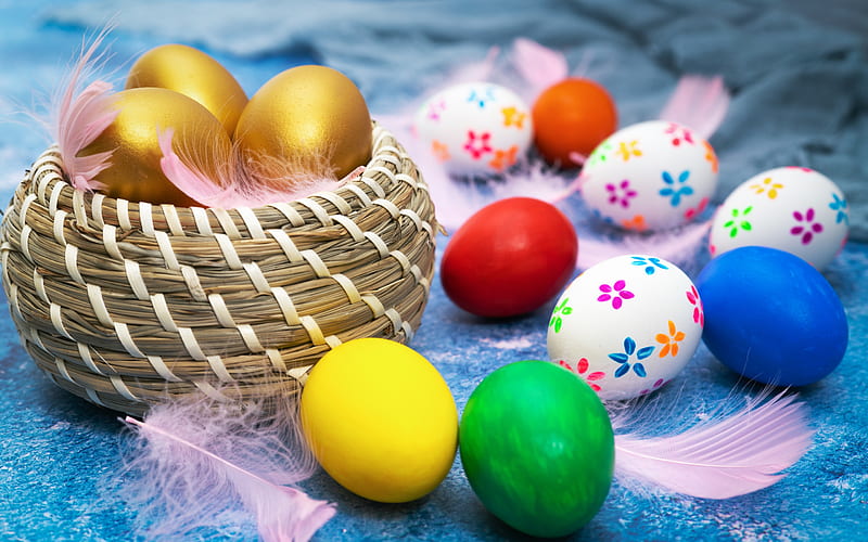 Happy Easter!, easter, pasti, blue, red, colorful, golden, yellow, egg, green, feather, basket, HD wallpaper