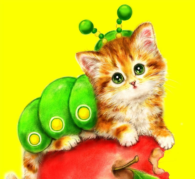 :), kitten, art, yellow, red, green, cute, cat, kayoni harai, fantasy, HD wallpaper