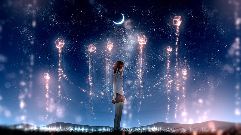 Anime, Original, Girl, Moon, Night, Sky, Starry Sky, HD wallpaper