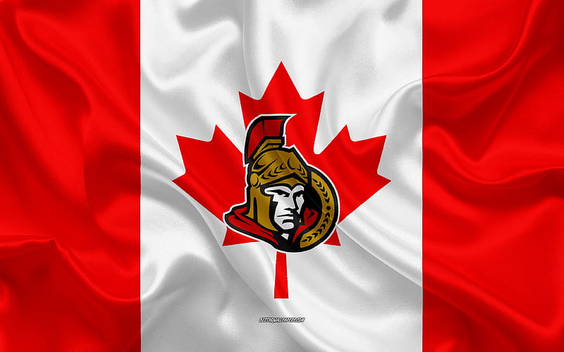 Ottawa Senators logo, emblem, silk texture, Canadian flag, Canadian hockey club, NHL, Ottawa, Ontario, Canada, USA, National Hockey League, Hockey, silk flag, HD wallpaper