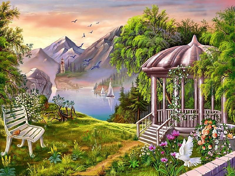 Tranquility Park, grass, bench, birds, park, trees, lake, lighthouse, 3d, water, mountains, white dove, flowers, path, peaceful, gazebo, steps, HD wallpaper