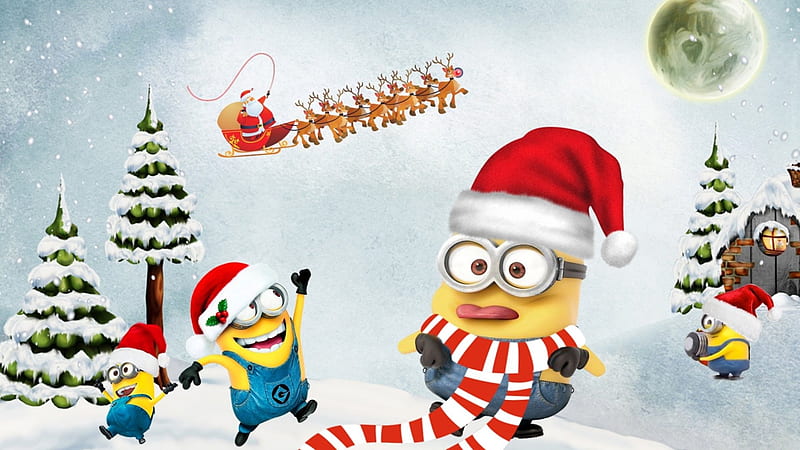 Humbug Minion, sleigh, Christmas, joyful, house, Feliz Navidad, holiday, Despicable Me, humbug, Santa Claus, trees, happy, minions, reindeer, HD wallpaper