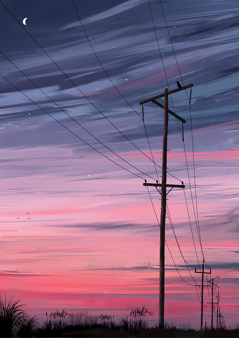 poles, wires, night, art, HD phone wallpaper