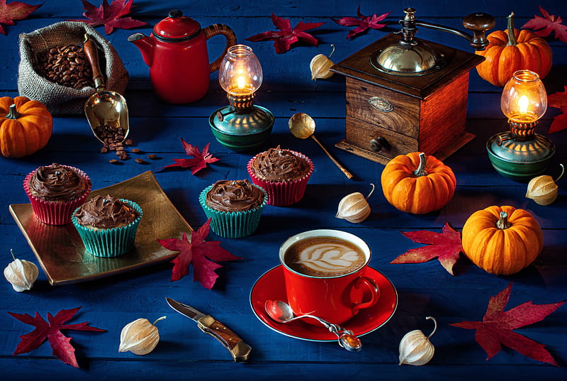 Food, Still Life, Coffee, Cupcake, Kerosene Lamp, Lamp, Maple Leaf, Pumpkin, HD wallpaper