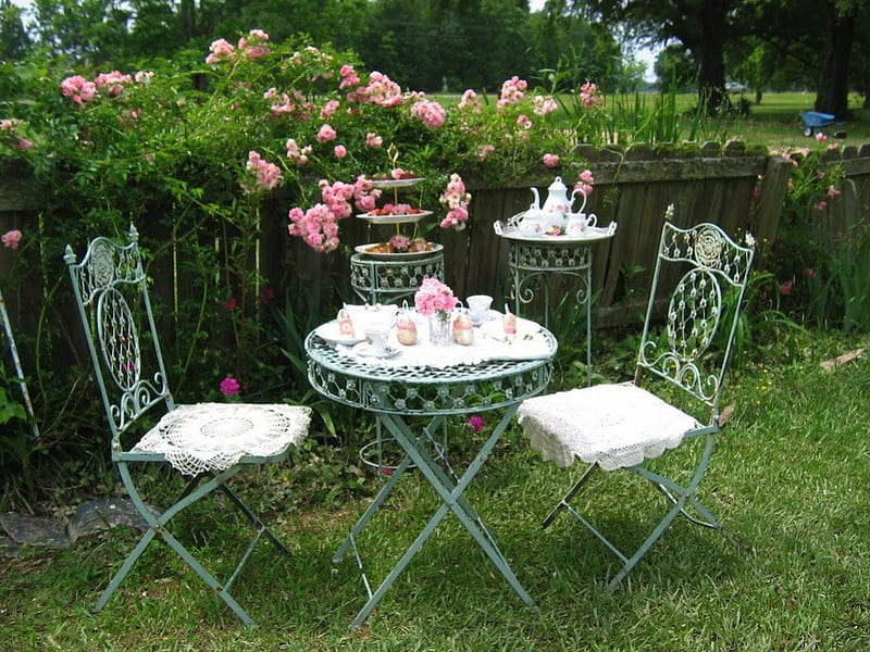 Rose Garden Tea Setting, pretty, table, wrought iron, roses, tea, teaset, two, garden, dine, pink, HD wallpaper