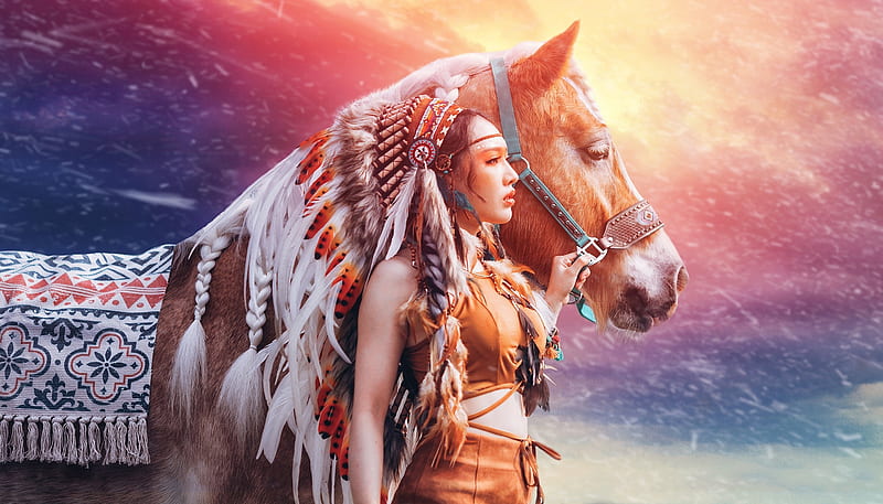:-), girl, model, indian, feather, native, horse, woman, orange, cal, asian, HD wallpaper