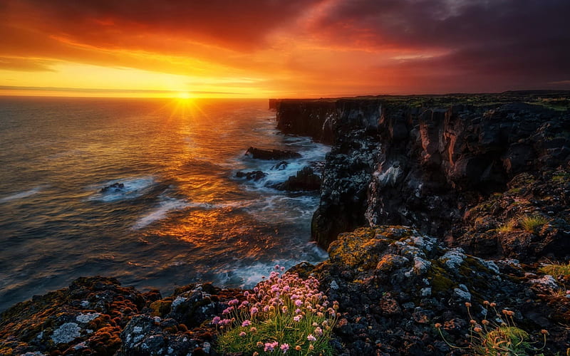 Sunset, ocean, waves, rocks, coast, Iceland, HD wallpaper