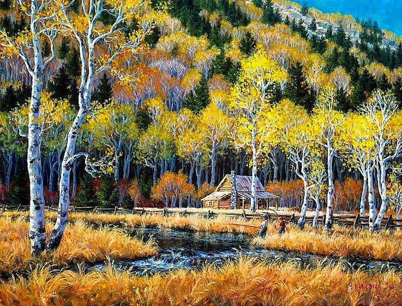 Fishing in autumn, colorful, autumn, cottage, bonito, color, nature, outdoor, landscape, fishing, HD wallpaper
