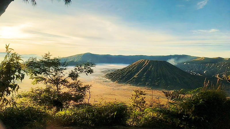 Mount Bromo, Java, Indonesia, trees, landscape, sky, hills, clouds, HD wallpaper