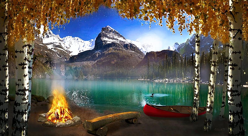 Stillness, autumn, campfire, canoes, trees, lake, artwork, aspens ...