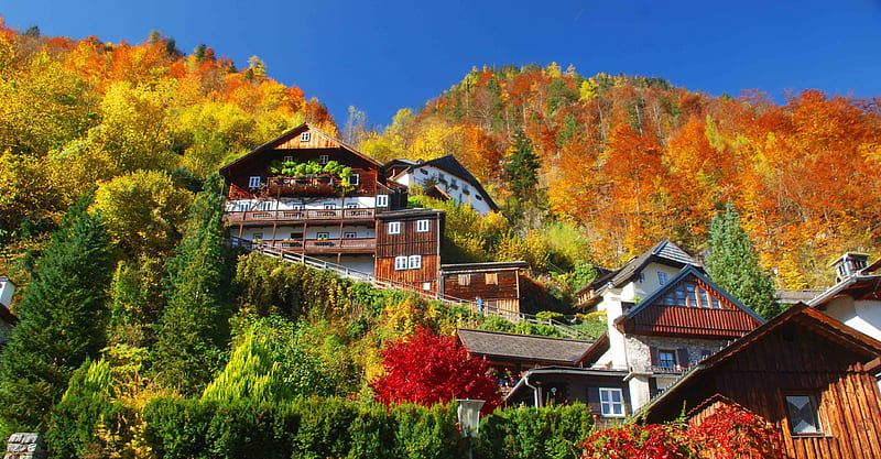 Hallstatt in autumn, forest, colorful, fall, autumn, Austria, Hallstatt, houses, bonito, trees, sky, lake, mountain, slope, village, landscape, HD wallpaper