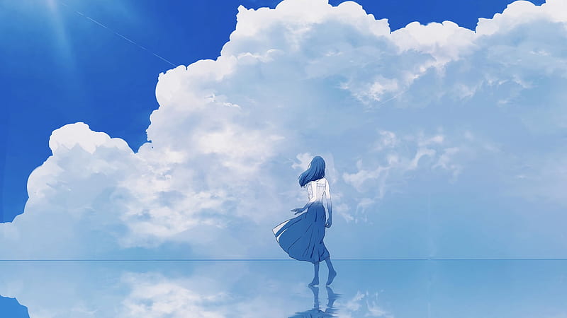 girl, water, reflection, clouds, anime, art, blue, HD wallpaper