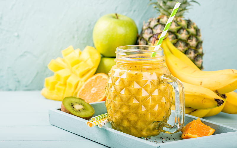 Pineapple smoothies fruits, breakfast, smoothie in pineapples, healthy food, fruit smoothies, HD wallpaper